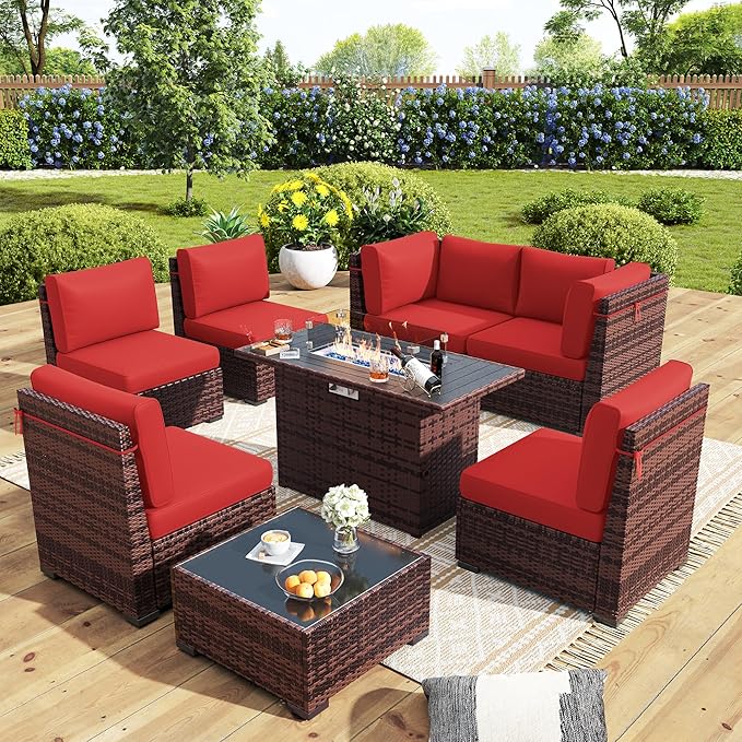 Outdoor Patio Furniture Set with 44" Fire Pit Table 8 Pieces Rattan Patio Sectional Sofa Conversation Set w/55000 BTU Propane Gas Fire Pit, Coffee Table, 2 Waterproof Covers, Red