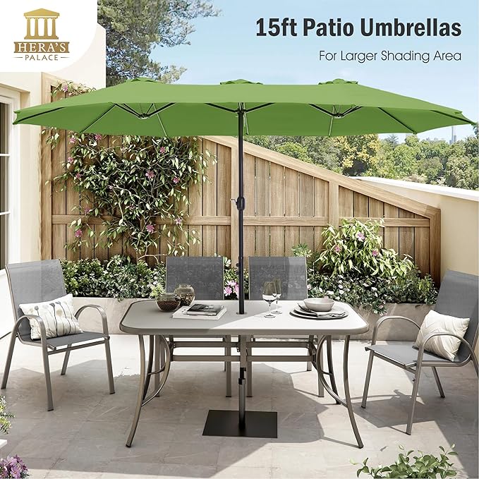 HERA'S PALACE Umbrella Patio Outdoor with Base 15ft Rectangle Heavy Duty Table Double Market Umbrellas Clearance Large Included Stand for Deck Outside Pool Picnic Inground Yard Commercial, Lime