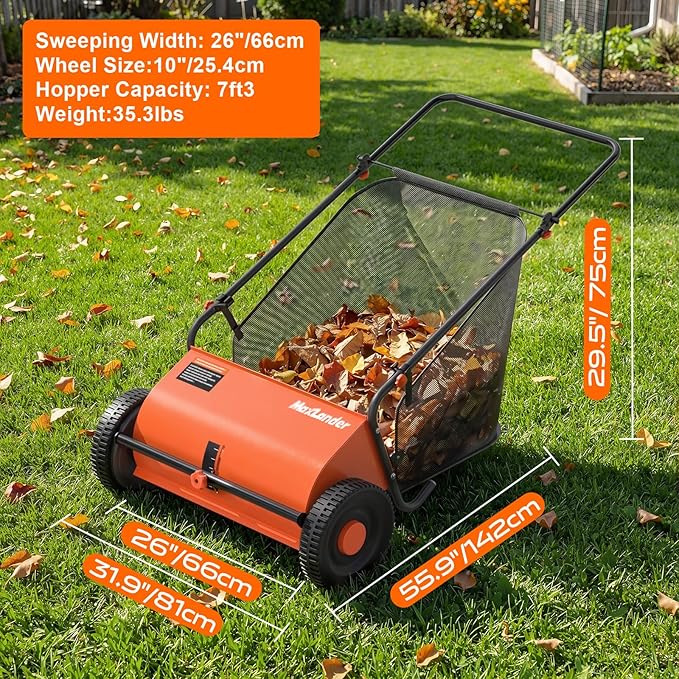 26-Inch Push Lawn Sweeper with 7 Cu.Ft. Hopper Bag, Adjustable Brush Height & 4 Spinning Brushes, Heavy Duty Leaf & Grass Collector with Durable Rubber Wheels for Yard Cleanup