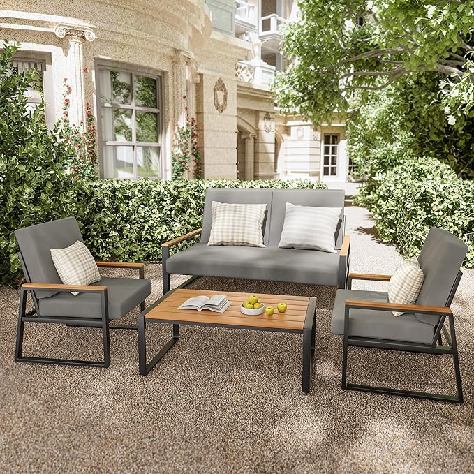 Gizoon 4-Piece Outdoor Patio Furniture Set with Coffee Table and Removable Cushions, Metal Patio Conversation Set for Family, Yard, Poolside (Gray)