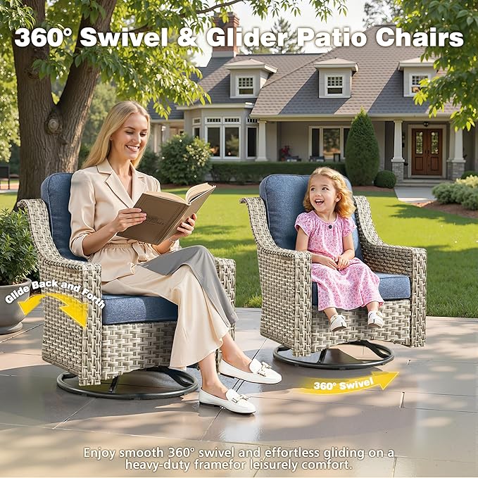 6-Piece Patio Furniture Set, Outdoor Conversation Set Sectional Sofa with Rocking Chairs and Water Resistant Cushions, Light Blue