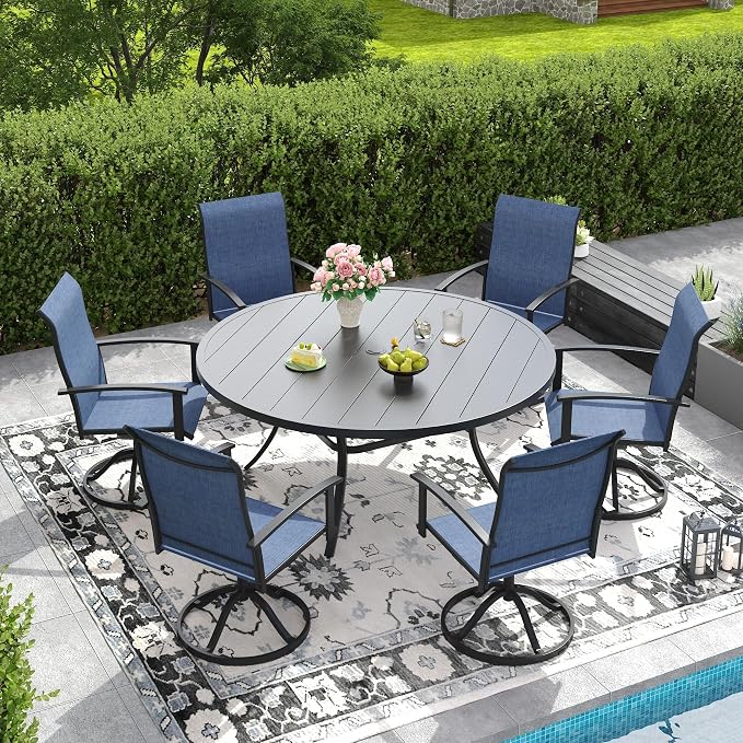 DIFY 7 Pieces Outdoor Dining Set for 6, 53" Black Round Metal Table with Umbrella Hole and Blue Textilene Swivel Patio Chairs, Patio Table and Chairs Set for Garden, Backyard, Poolside
