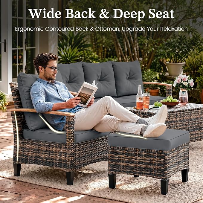 UDPATIO Patio Furniture Set with Fire Pit Table, 6 Pieces Outdoor Wicker Conversation Set for Lawn, Porch, Garden, Backyard, Grey