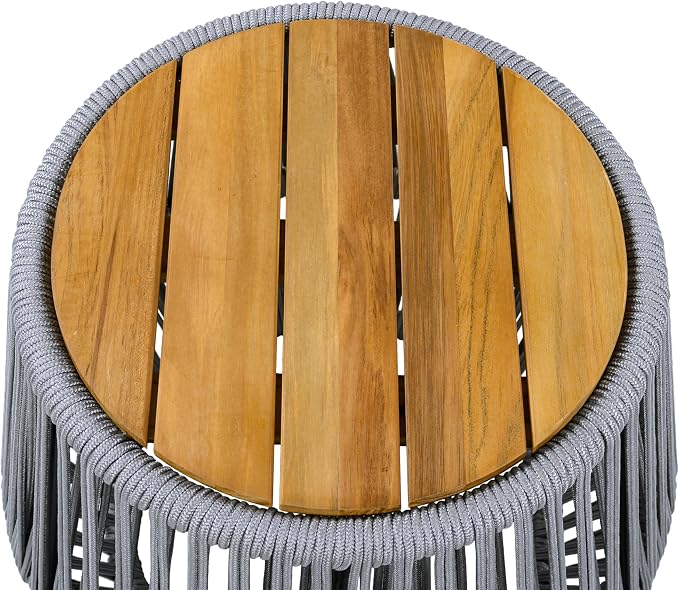 Merax Bohemian Round Outdoor Side Table with Acacia Wood Top and Grey Handwoven Rope Base, Boho Patio Coffee Table for Garden, Pool, Deck, Balcony, Yard