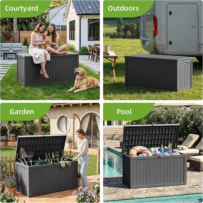 200 Gallon Outdoor Storage Deck Box Waterproof Resin Lockable Outside Bench Porch Patio Furniture Pool Float Garden Tool Cushion UV Resistant Bin Black