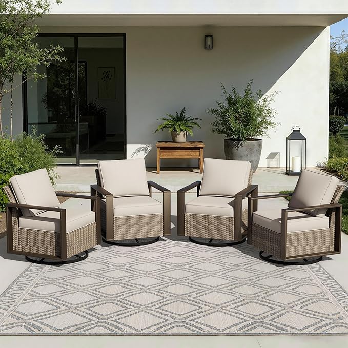 Joyside Outdoor Patio Swivel Rocker Chairs Set, 4 Pieces Wicker Rattan Chairs with Metal Wide Armrest, Thick Cushions and Deep Seating for Garden, Backyard, Porch, Deck