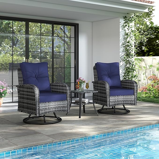 Kromax Outdoor Patio Furniture Set, All-Weather Wicker Swivel Glider Chairs Set of 2 with Coffee Table Table & Thick Machine Washable Cushions for Backyard, Garden, Porch, Grey/Blue