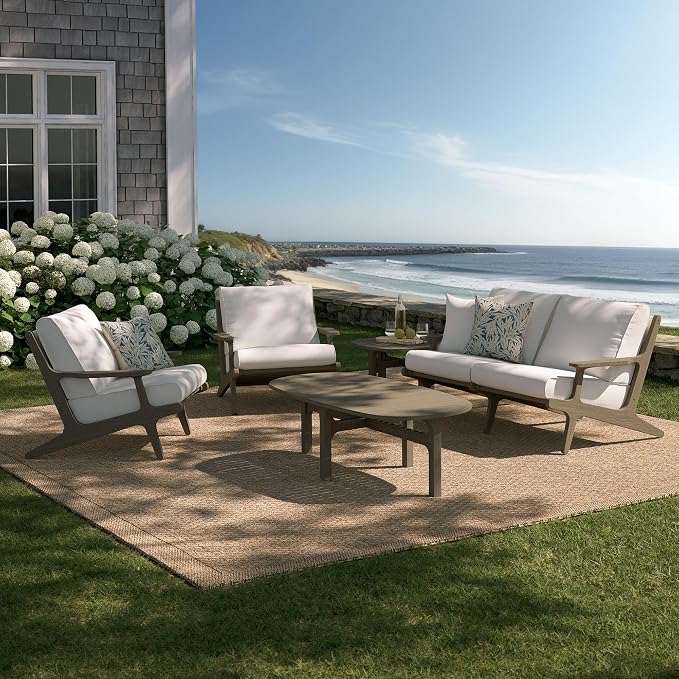 Modway Saratoga 5-Piece Teak Wood Outdoor Furniture Set in Weathered Gray White - Patio Conversation Set with Loveseat, 2 Armchairs, Side Table and Coffee Table
