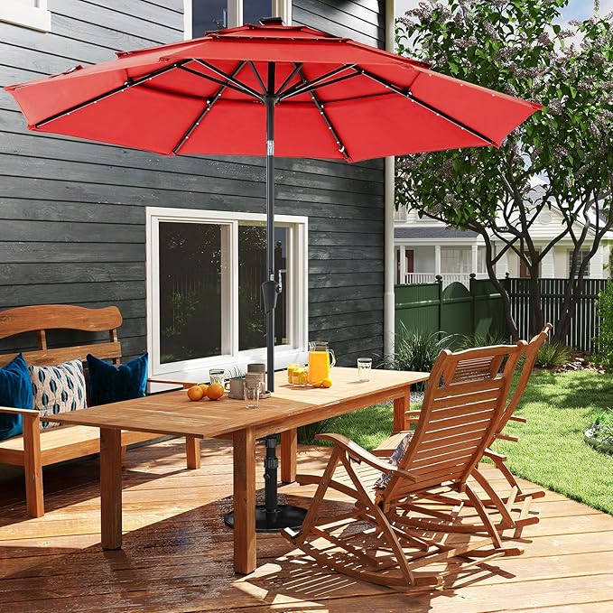 DUMOS LED Outdoor Patio Umbrella 10 FT UV-Resistant Market Umbrella with Tilt Adjustment & Crank Lift, All-Weather Shade for Backyard, Deck, Garden, Beach