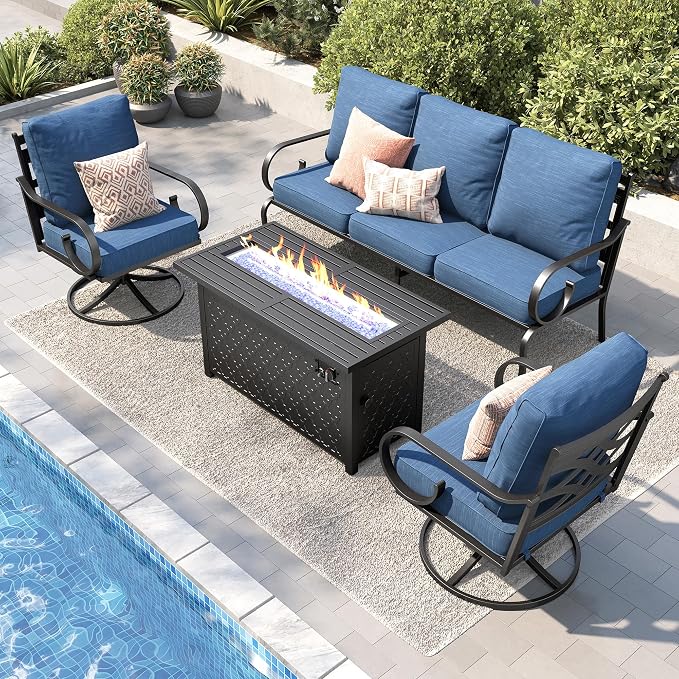 PHI VILLA Patio Furniture Set, 3-Seater Sofa, 2 Swivel Chairs and a 45" Fire Pit Table, Outdoor Metal Conversation Set with 5.75" Extra Thick Cushion for Garden Backyard Deck, Navy