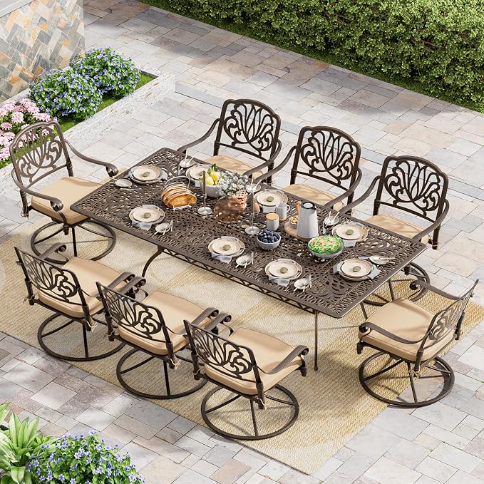 Grepatio 9 Piece Cast Aluminum Outdoor Dining Set, Patio Furniture Set with 2“ Umbrella Hole and 8 Swivel Chairs with Cushions, Patio Dining Furniture Set for Porch Poolside Garden (Khaki)
