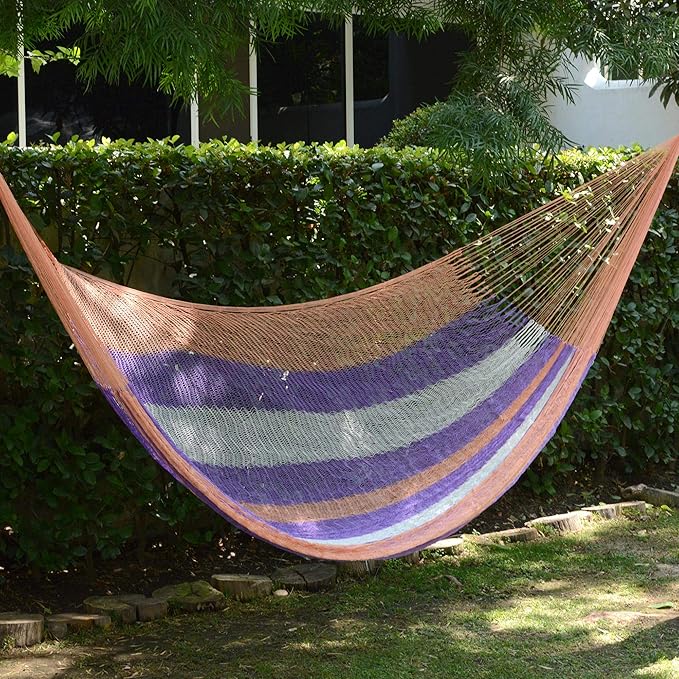 NOVICA Purple Orange Striped Hand Woven Nylon Mayan 2 Person XL Rope Hammock with Hanging Accessories, 'Melon Stripe' (Double)