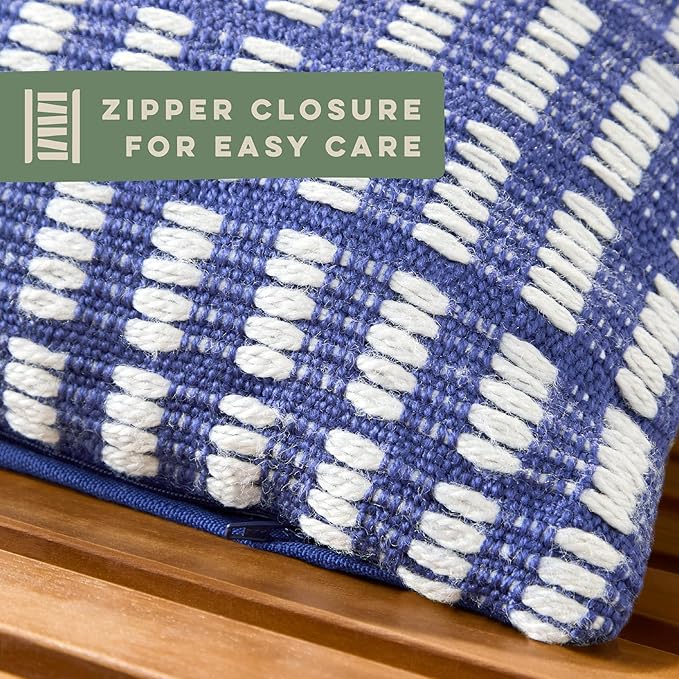 TOWN & COUNTRY TERRA Alara Textured Geo Stripe Handcrafted Indoor Outdoor Decorative Pillow, 100% Recycled Materials, UV Fade Resistant, Water Repellent, Blue/Ivory, 14"x20"