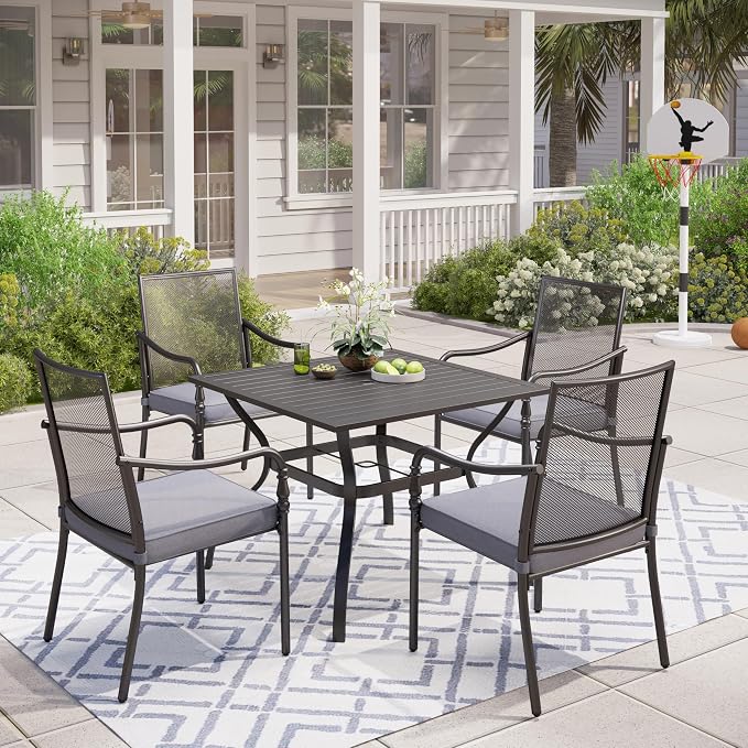 MIXPATIO 5 Piece Patio Metal Dining Set, Outdoor Table and Chairs for 4, Powder-Coating Steel Chairs with 4" Thickened Cushions, 37" Square Metal Table with 1.57" Umbrella Hole for Deck, Backyard