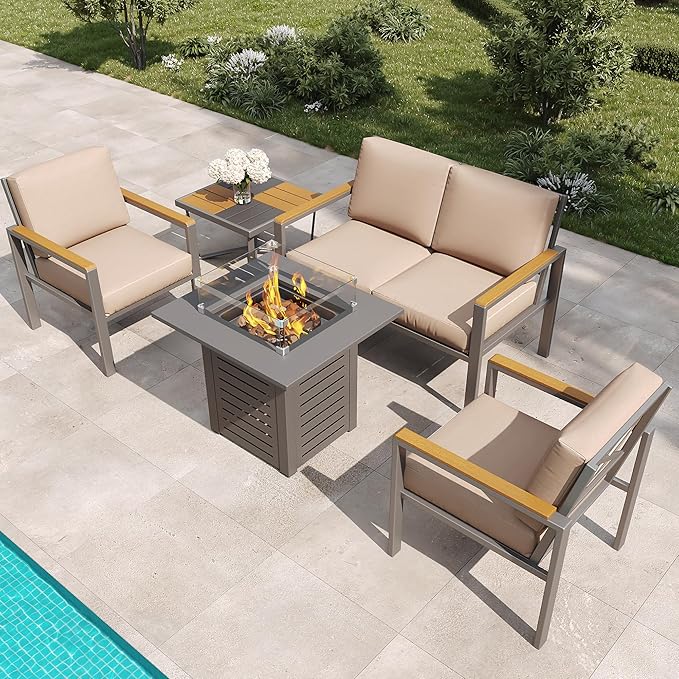 5-Piece Patio Furniture Set with 28” Propane Fire Pit Table, Heavy-Duty Metal Outdoor Conversation Set with Deep Cushions & Wood-Like Armrests for Patio, Porch, Backyard, Garden – Brown