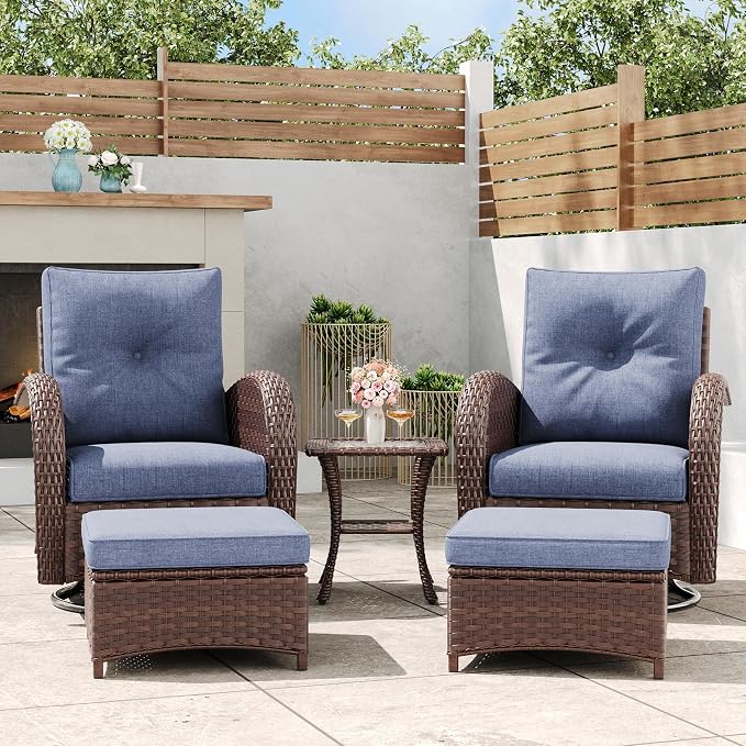 5 Pieces Outdoor Wicker Patio Swivel Rocking Chairs, All Weather Wicker Conversation Set with Side Table