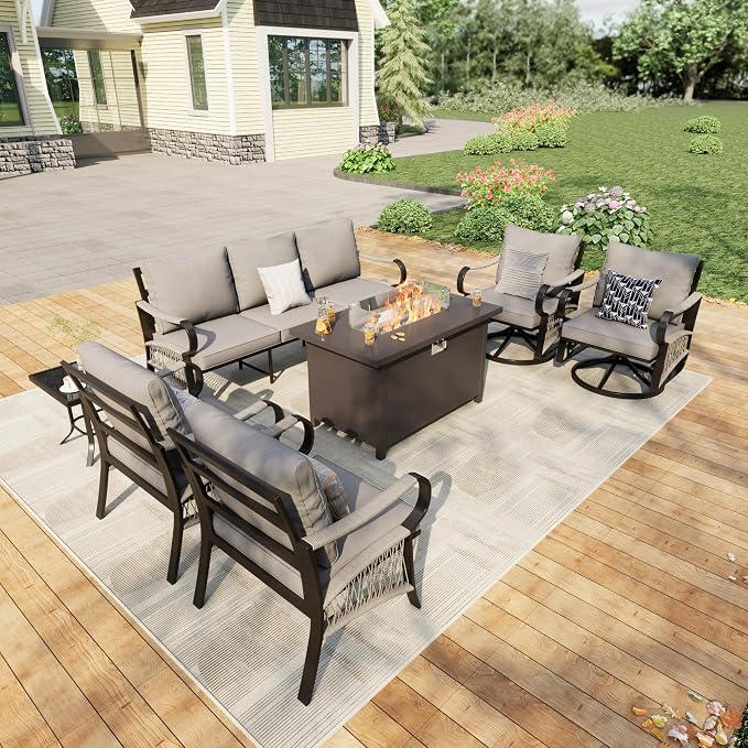 7 Pieces Patio Conversation Sets, All Weather Metal Outdoor Furniture Set 3-Seater 2 Single Chairs 2 Swivel Rockers with Side Table and Fire Pit Table for Backyard Garden Deck Porch Poolside, Gray