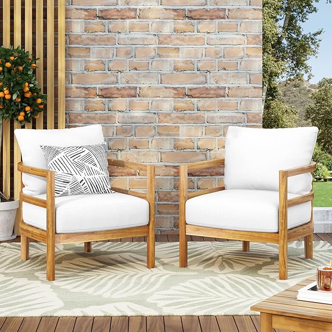 Merax Outdoor Patio Club Chair,Set of 2,Acacia Wood Frame Conversation Set with Thick Cushion for Porch,Modern Style