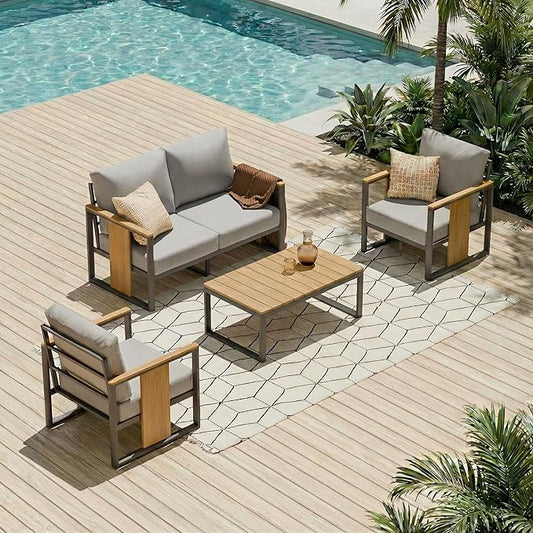 ZANDOR Outdoor Aluminum Patio Furniture Set 4 Piece Patio sectional Conversation Sets with Coffee Table Washable Thick Cushions, Patio Sectional Furniture Set for Porch, Balcony, Yard, Backyard