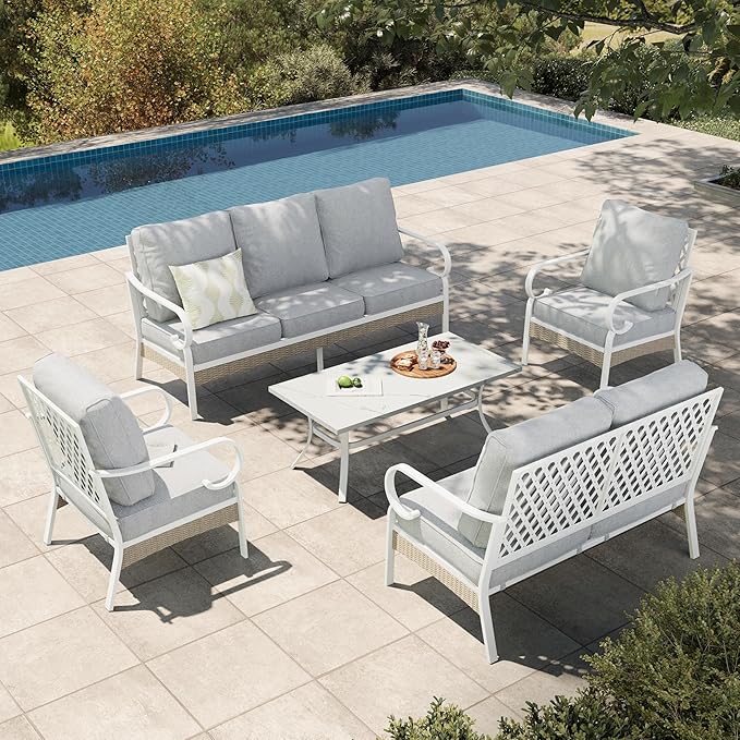 HERA'S HOUSE 5 Piece Metal Patio Furniture Set, 7 Seats All Weather Outdoor Conversation Set, 3 Seat Sofa with Loveseat, 2 Fixed Chairs, Coffee Table for Backyard, Garden, Deck, White/Grey