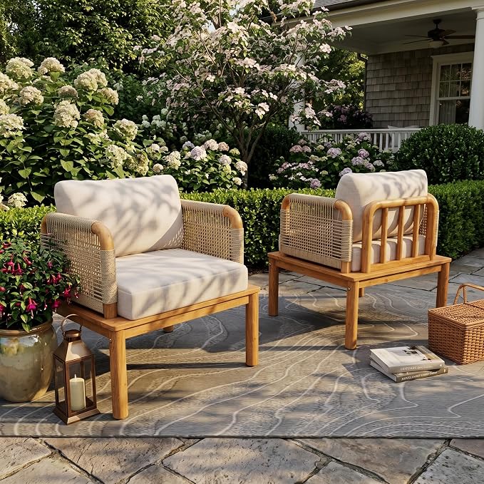 Merax MP2 Set of 2 Outdoor Club Chairs, Acacia Wood & Rope Weave with Water-Repellent Cushions, Patio Conversation Chairs for Garden & Balcony