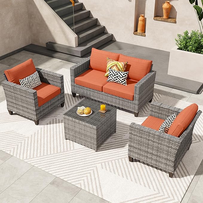 ovios 4 Pieces Patio Furniture Set, Outdoor Wicker Rattan Sofa Couch with Loveseat, Chairs, Glass Coffee Table, Conversation Sets for Yard Porch Garden, Orange Red