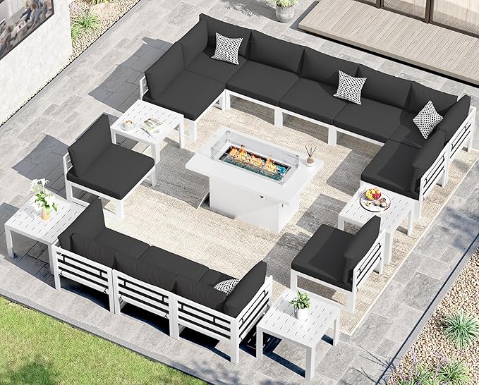 NICESOUL 12 Seat Large Modern Aluminum Patio Conversation Set, 29" Deep Wide Sectional Seating with Fire Pit Table, 500 lbs Heavy Duty All Weather Outdoor Sofa with Side Table for Backyard Deck, Black