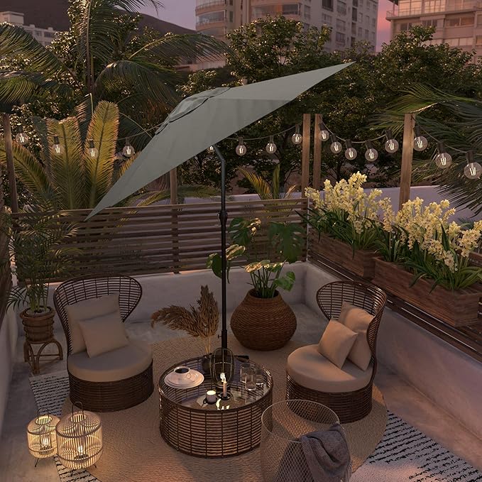 Sunline 9 ft Patio Umbrella with Crank & Push Button Tilt, Outdoor Market Umbrella with UV Protection & Wind Vent, Metal Frame for Deck, Pool & Table, Taupe