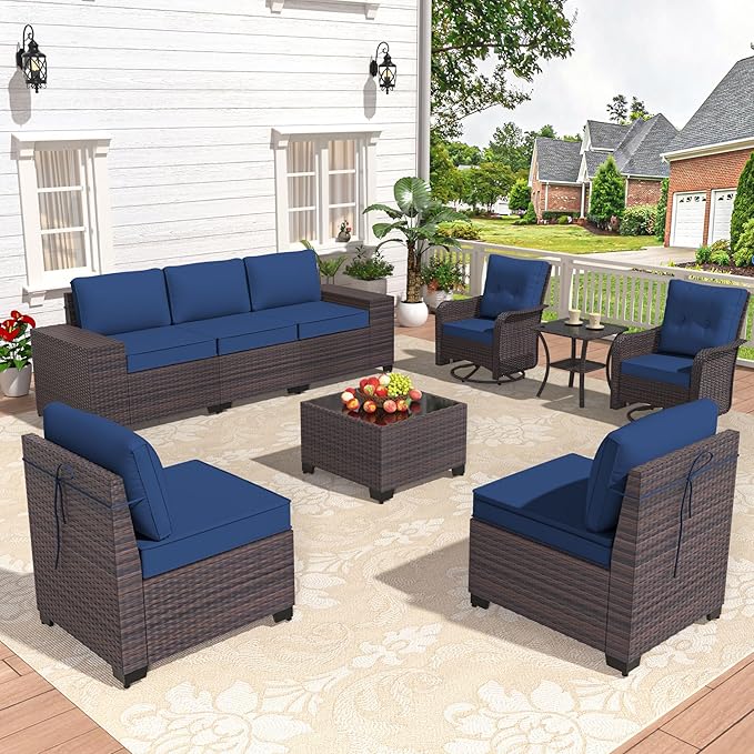 Patio Furniture Set 9 Pieces Outdoor Swivel Rocking Chairs Sofa Set,PE Rattan Wicker Patio Conversation Set with Thickened Cushions and Glass Coffee Table,NavyBlue