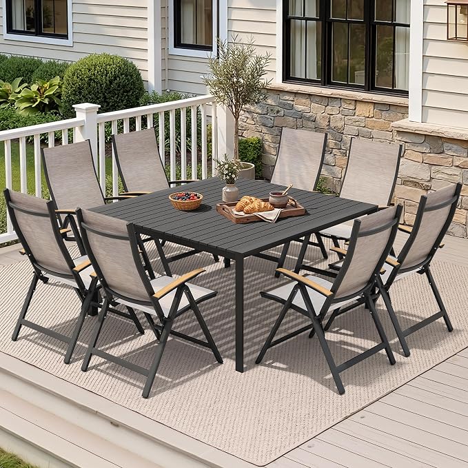 9-Piece Patio Dining Set, 56" Square Outdoor Table with Recliner Chairs | Aluminum Frame Adjustable Back& WPC Tabletop with Umbrella Hole for Garden Backyard Porch, Black