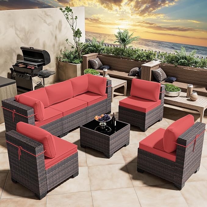 7 Pieces Outdoor Patio Furniture Set,Outdoor Sectional Furniture All Weather PE Rattan Wicker Patio Conversation Set with Coffee Table and 6 Thickened Cushions,Red