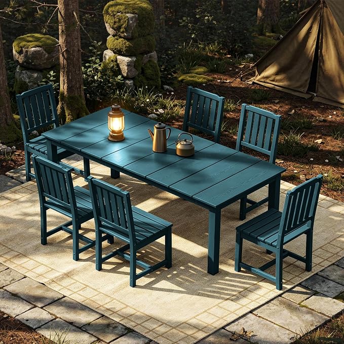 AreShark 7-Piece Outdoor Dining Set,HDPE Patio Table with 6 Armless Chairs,All-Weather Patio Furniture Set with Umbrella Hole,Low Maintenance Wood Grain Dining Set for Backyard,Garden,Poolside,Black