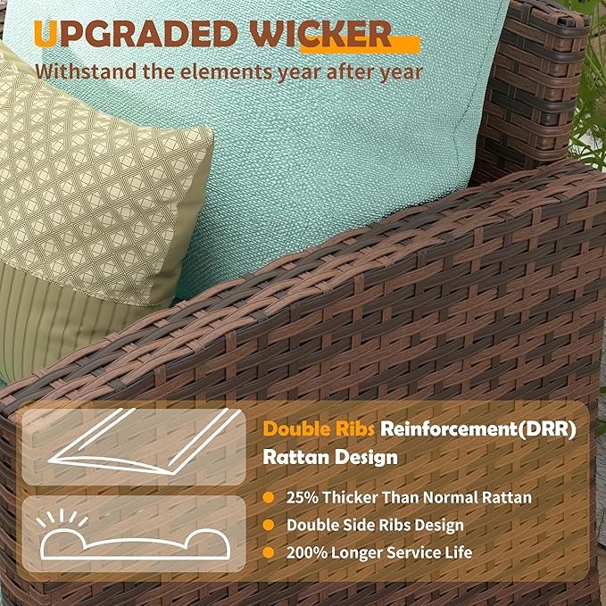 UDPATIO Patio Furniture Set with 44" Fire Pit Table, 8 Pieces Outdoor Sectional Conversation Sets, All-Weather Wicker Rattan Sofa Ottoman with 4" Thick Cushion for Garden Backyard Deck, Light Blue