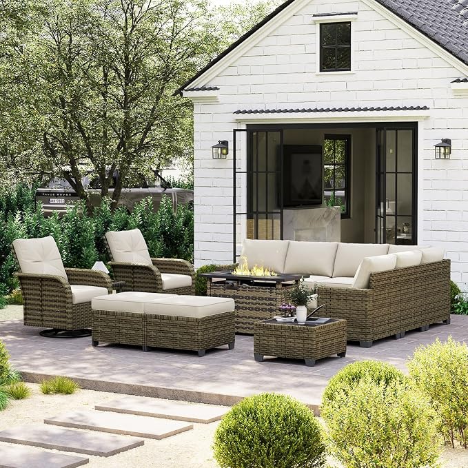 LET'S PATIO Luxury Patio Furniture Set with Fire Pit Table, 13 Piece Outdoor Furniture Set with Swivel Rocker Chairs & Ottomans, All-Weather Patio Sectional Sofas with Thickened Cushions, Beige