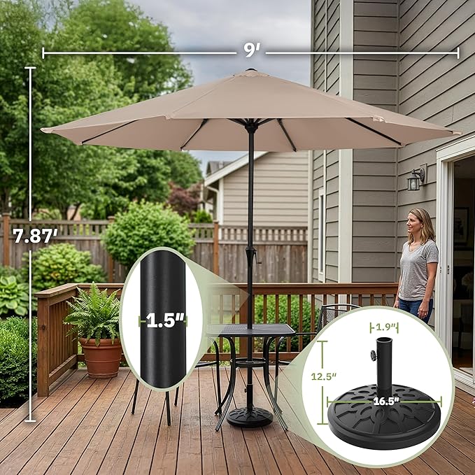 Pure Garden 9FT Round Patio Umbrella with 19lb Weighted Base - Easy Crank, Vented Canopy Outdoor Umbrella for Shade - For Deck, Balcony, Porch, Backyard, or Pool (Khaki)