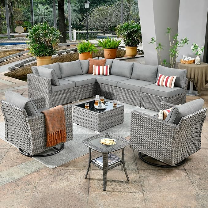 ovios Outdoor 10 Piece Coversation Set with Swivel Rocking Chair,Sectional Patio Furniture Set with All-Weather Wicker Sofa,Modern Outside Couch for Balcony Backyard Pool, Dark Grey