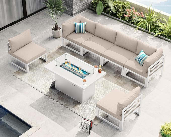 NICESOUL 6 People Large Luxury Aluminum Patio Conversation Set with Fire Pit Table Propane/Gas, 29" Deep Wide U Shaped Sectional Couch, 500 lbs Heavy Duty All Weather Outdoor Sofa for Backyard, Beige