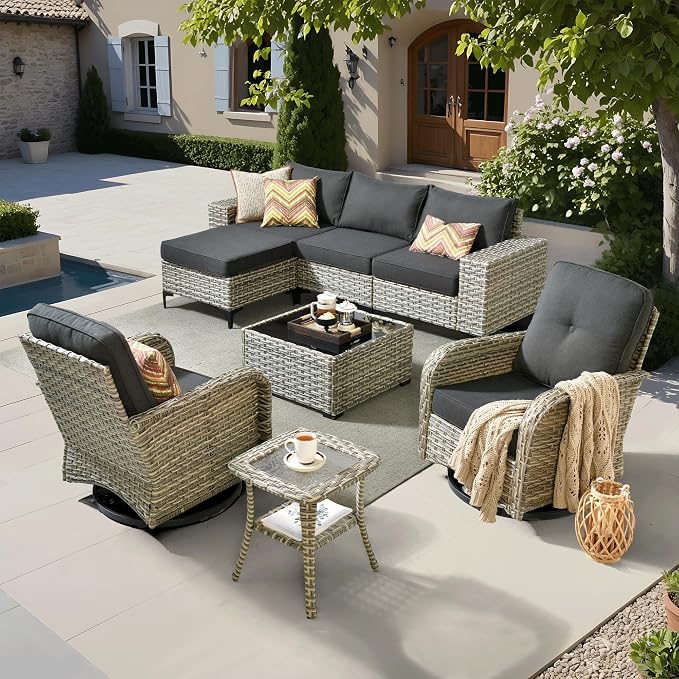 ovios 8-Piece Patio Furniture Set with L-Shape Sofa Chaise, Outdoor Sectional Couch Swivel Gliders, Modern Modular Wicker Rattan Conversation Set, Black