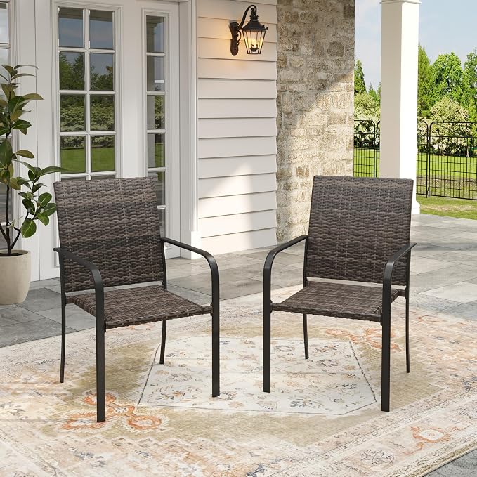 VICLLAX 11 Pieces Patio Dining Set, 10 Stakable Wicker Outdoor Chairs and 63" Patio Round Metal Table with Umbrella Hole for Backyard Lawn Deck, Black Tabletop