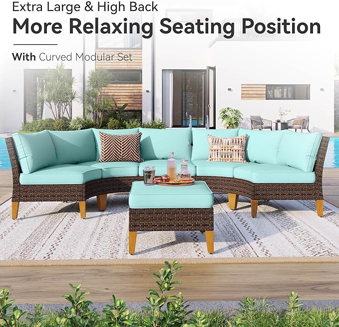 GREEN PARTY 7 Pieces Wicker Patio Furniture Set, All-Weather Outdoor Rattan Half-Moon Patio Curved Sectional Sofa Conversation Set for Garden, Backyard, 2 x Ottomans (Blue)
