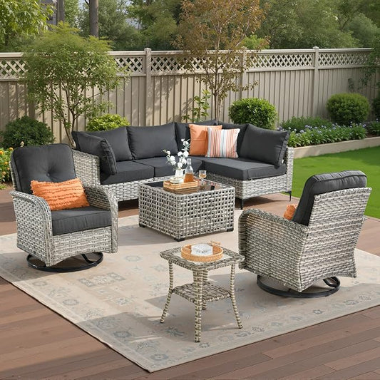 8 Pieces Patio Sectional Furniture Set, Outdoor Wicker Sectional Couch with High Back Swivel Rocker Chairs Solar Lights Table, Modern Conversation Set for Porch Balcony Backyard, Black