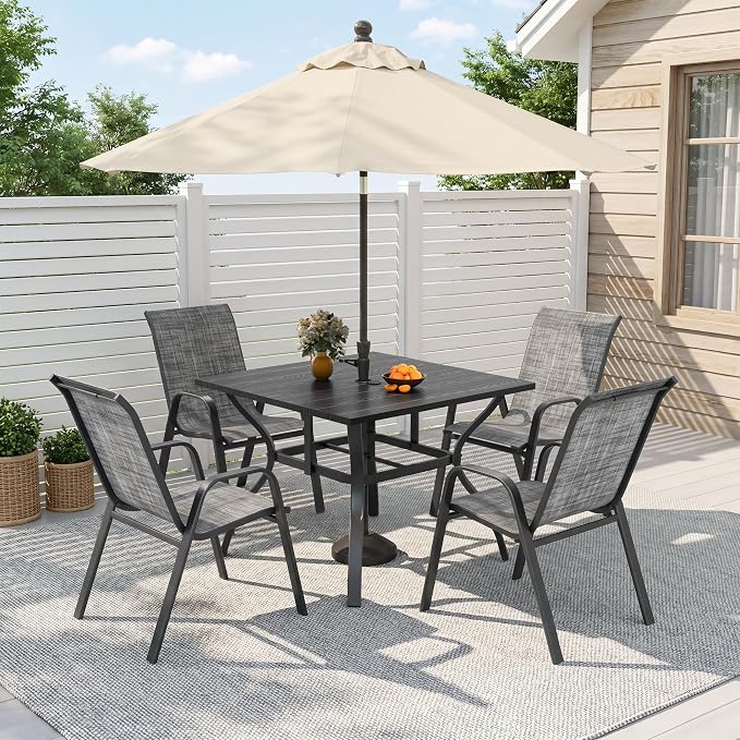 Outdoor Dining Set for 4, Patio Metal Table and Chairs Set with 1.97'' Umbrella Hole, 5pcs Patio Furniture Set 37.8”x37.8” Dining Table Set with Stackable Chairs for Backyard Pool Deck