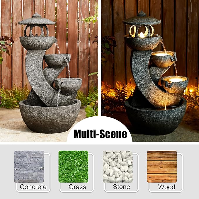 Glitzhome 4-Tiered Pagoda Polyresin Outdoor Fountain with Pump and LED Light, 32" H