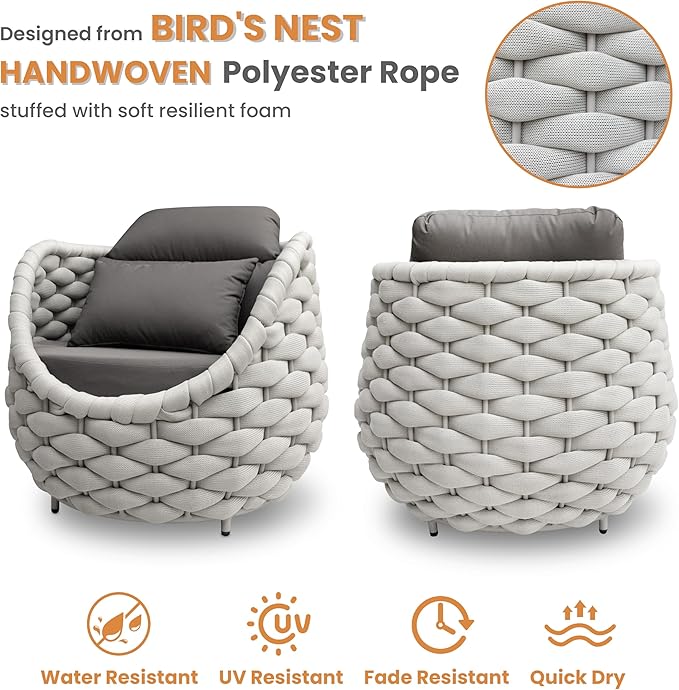 Balcony Furniture Set for Apartments: 4 Pieces Aluminum Woven Rope Patio Conversation Set - Modern Cushioned Lounge Chair Set - Assembled Porch Armchair for 400lbs Garden Lanai Poolsides Hotel