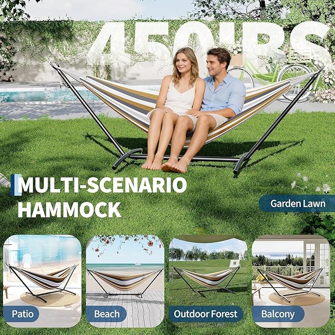 Double Hammock with Steel Stand, Outdoor Portable Hammocks Accommodates with 450Lb Capacity 2 People& Portable Carry Bag for Outside Camping Garden Yard,Coffee