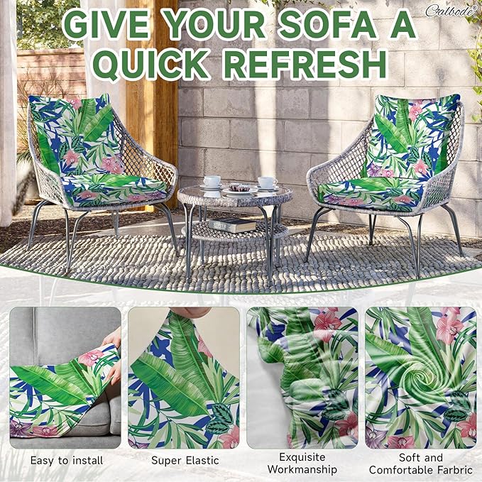 CALBODE 8 Pcs Outdoor Seat Cushion Covers, Stretch Chair Seat Cover for Patio Furniture Cushions Washable Reusable Indoor and Outdoor Couch Cover Replacement (Tropical Plant, Cover Only)