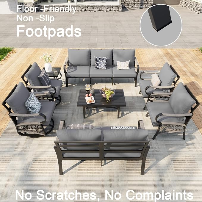 8 Pieces Patio Furniture Set, Metal Outdoor Conversation Sets with Swivel Chairs, Modern Couch Sofa Seating Group with Coffee Table and Side Table (Thick Gray Cushions)