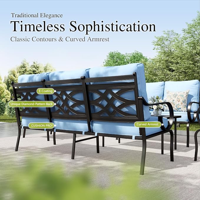 Sophia & William Patio Conversation Set for 5, 3-Seater Sofa, 2 Rocking Chairs and a 45" Fire Pit Table, Metal Outdoor Furniture with 5.75" Extra Thick Cushions, Blue