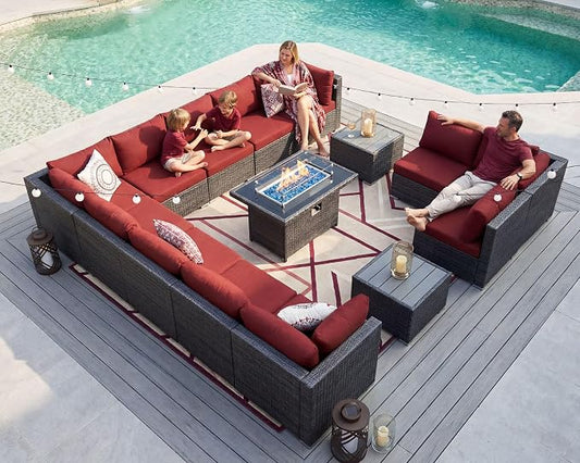 NICESOUL 15 Piece Outdoor Patio Furniture Set with Fire Pit, Extra Large Wide Outdoor Deep Seated Sectional, Cozy 29.3'' High-Back Modular Couch, 500 Lbs High Weight Capacity Wicker Sofa, Gray & Red