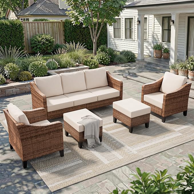 5-Piece Patio Conversation Sets, Outdoor Sectional Sofa with Ottoman, Modular Wicker Furniture for Backyard, Garden